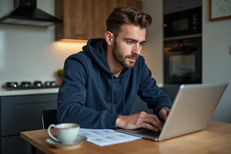 Jeune homme concentré achetant billets football en ligne