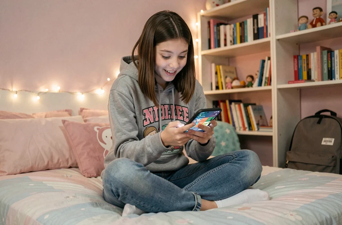 Adolescente naviguant sur une plateforme de contenus depuis sa chambre avec un smartphone