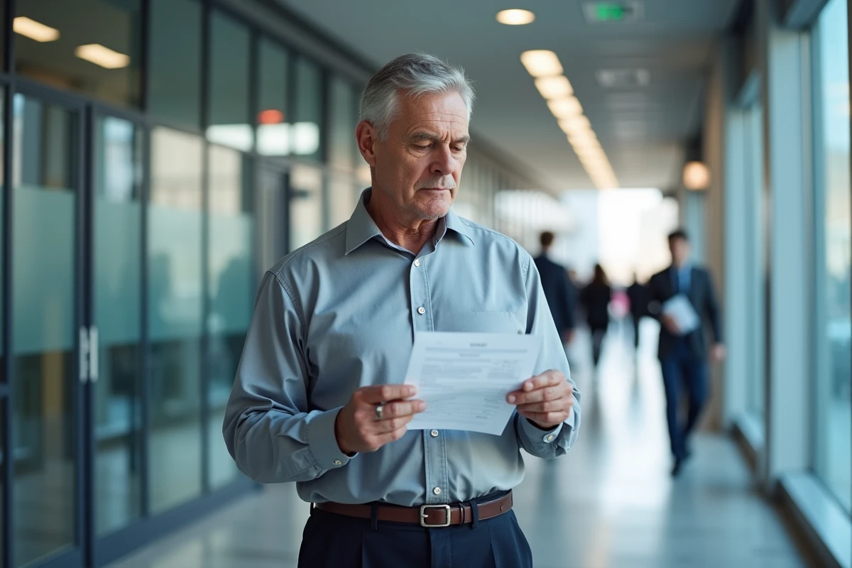 Agent de la fonction publique examinant son bulletin de salaire dans un couloir administratif