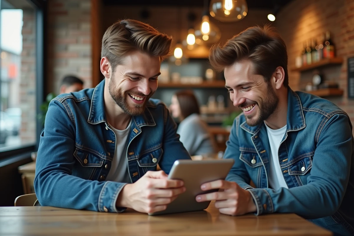 Deux amis découvrant ensemble une alternative de chat sécurisé sur tablette dans un café urbain