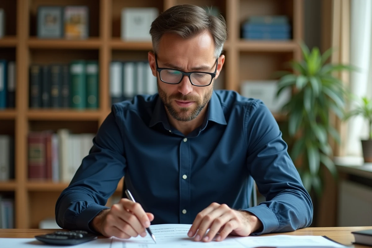 Homme consultant des documents fiscaux liés à l'amortissement Scellier intermédiaire dans un bureau à domicile