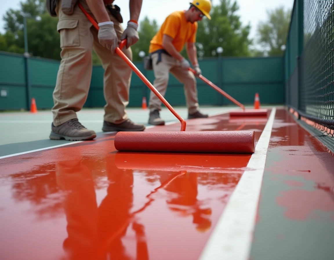 Ouvriers appliquant le revêtement acrylique coloré sur la surface d'un terrain de tennis en construction
