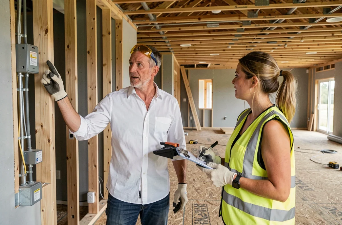 Architecte et conductrice de travaux inspectant l'intérieur en cours de construction d'une maison