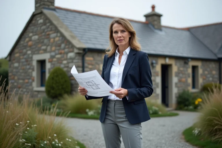 Femme architecte en blazer marine tenant des plans devant une maison en pierre bretonne traditionnelle à toit en ardoise