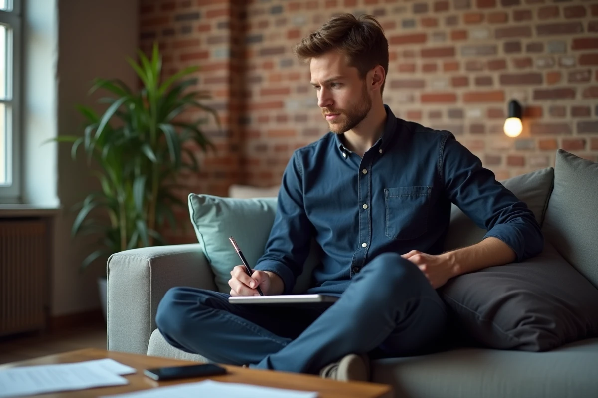 Jeune auto-entrepreneur prenant des notes sur un carnet dans un salon aménagé en espace de travail