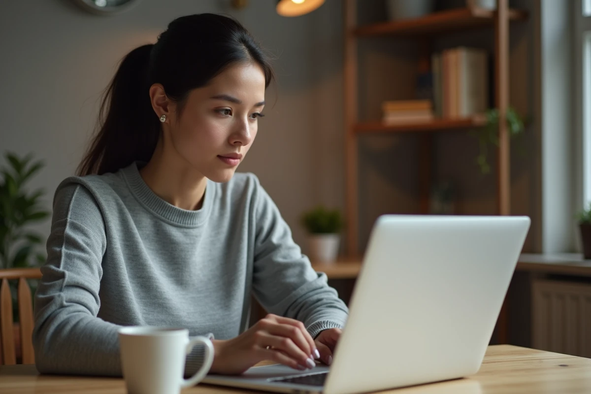 Auto-entrepreneuse travaillant sur son ordinateur portable dans un bureau à domicile chaleureux