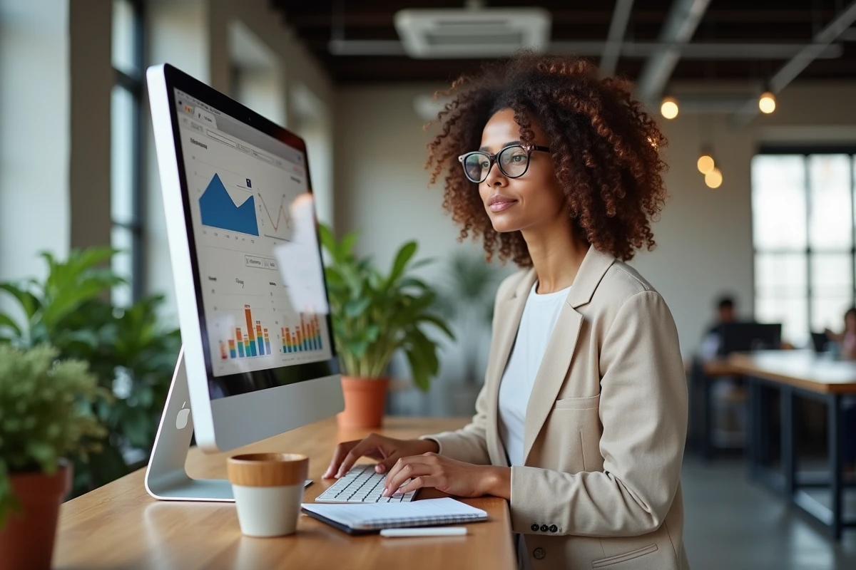 Femme auto-entrepreneuse analysant ses statistiques web dans un espace de coworking moderne