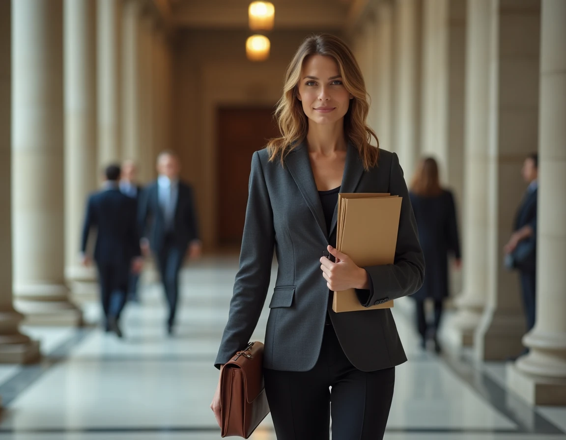 Avocate pénaliste dans les couloirs d'un tribunal tenant une mallette juridique