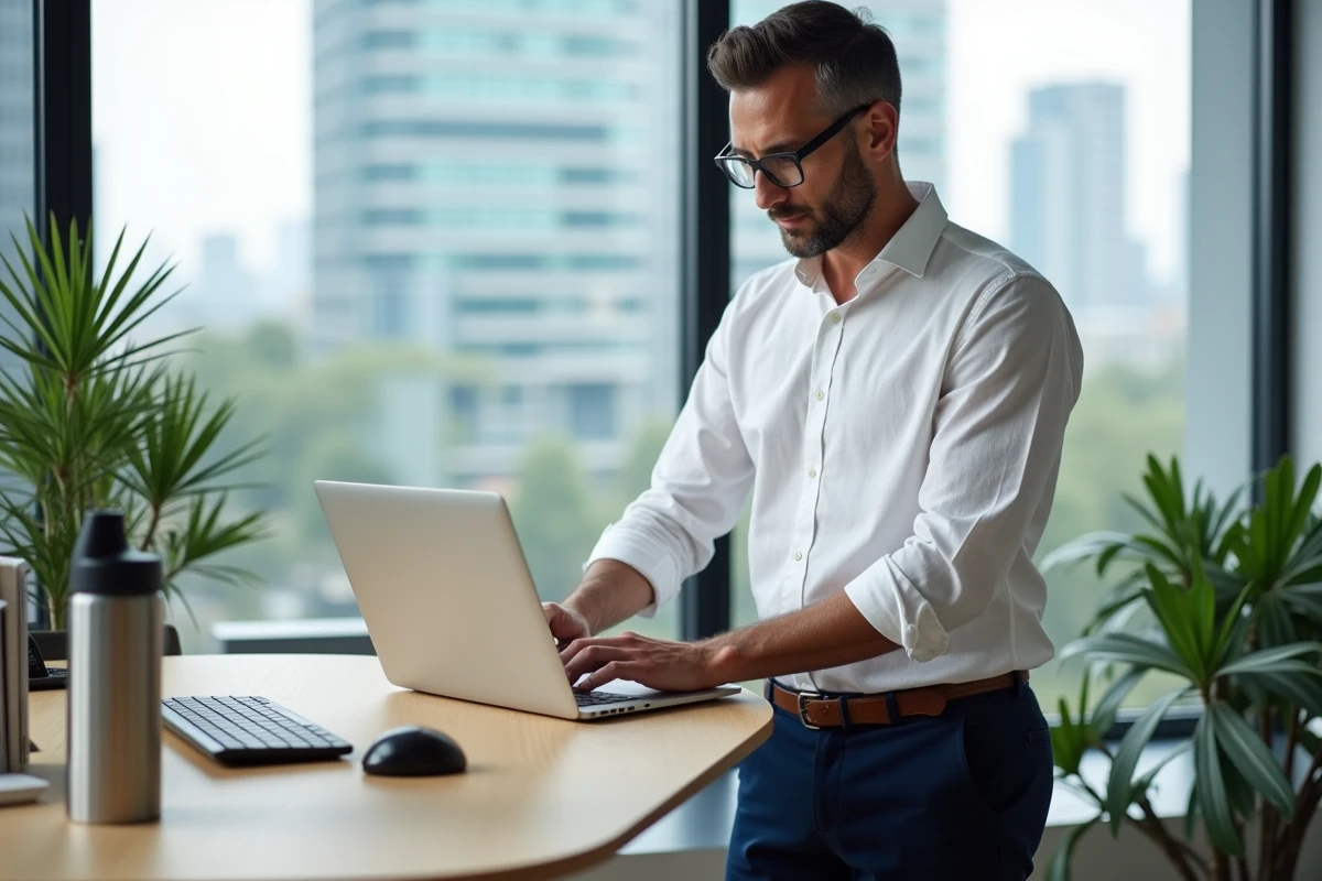 Homme debout à un bureau ergonomique réglable dans un bureau moderne favorisant la santé au travail