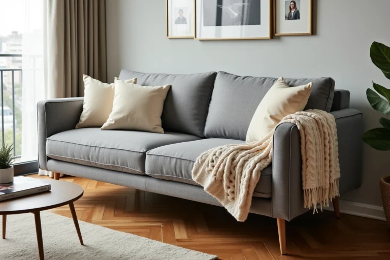Canapé clic-clac gris en position salon dans un appartement moderne avec parquet et coussins crème