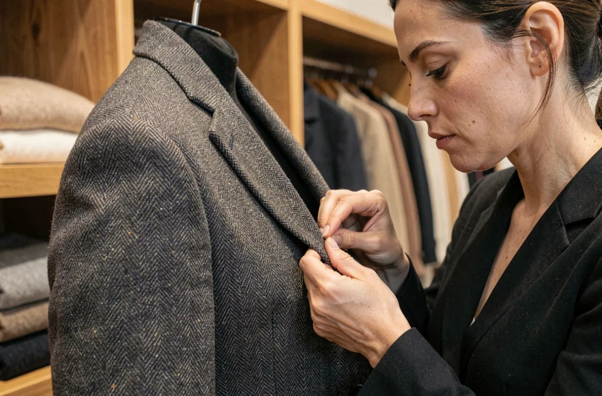 Femme examinant la couture d'un blazer en laine de qualité dans une boutique de vêtements haut de gamme