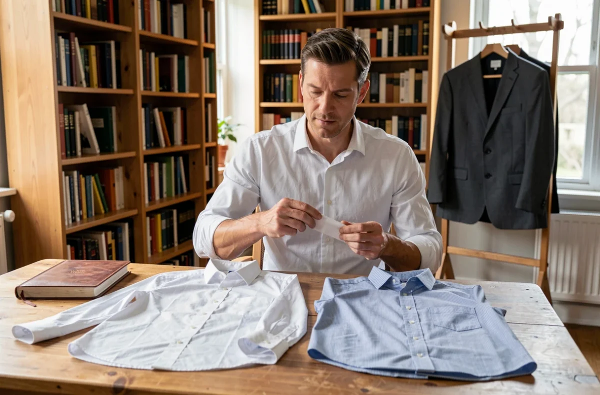 Homme comparant la qualité de deux chemises en tissu différent à la lumière naturelle dans un bureau à domicile