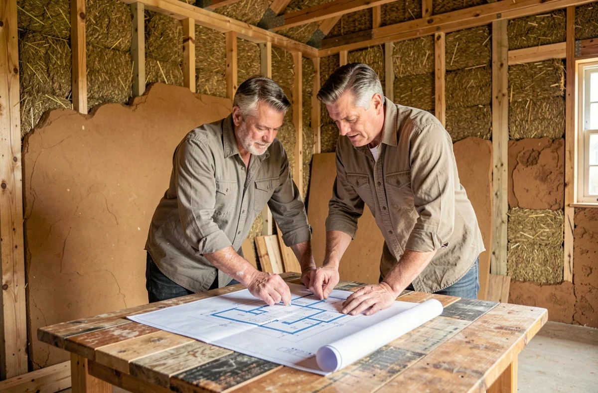 Couple examinant des plans architecturaux dans une maison écologique en construction avec des murs en bottes de paille et ossature bois