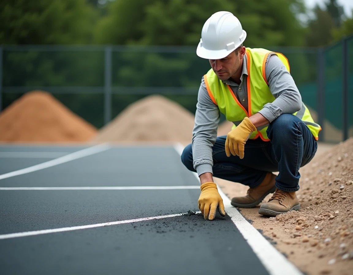 Professionnel de la construction supervisant la pose de l'enrobé sur un terrain de tennis en cours de réalisation
