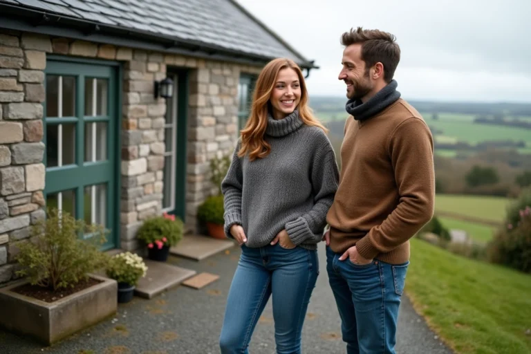 Jeune couple devant une maison bretonne en pierre