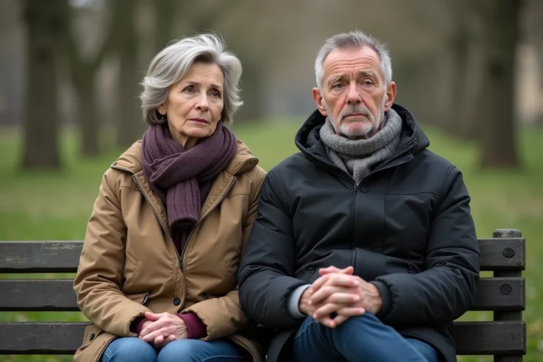 Couple d'âge moyen assis séparément sur un banc en printemps