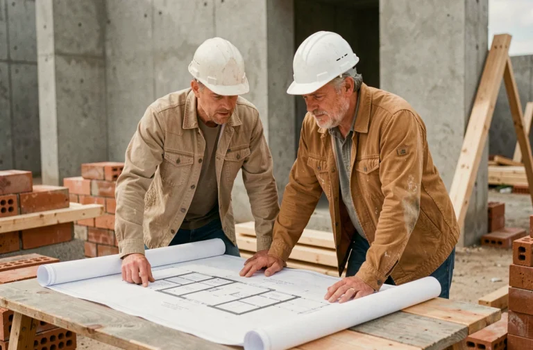Couple examinant des plans architecturaux sur un chantier de construction de maison individuelle