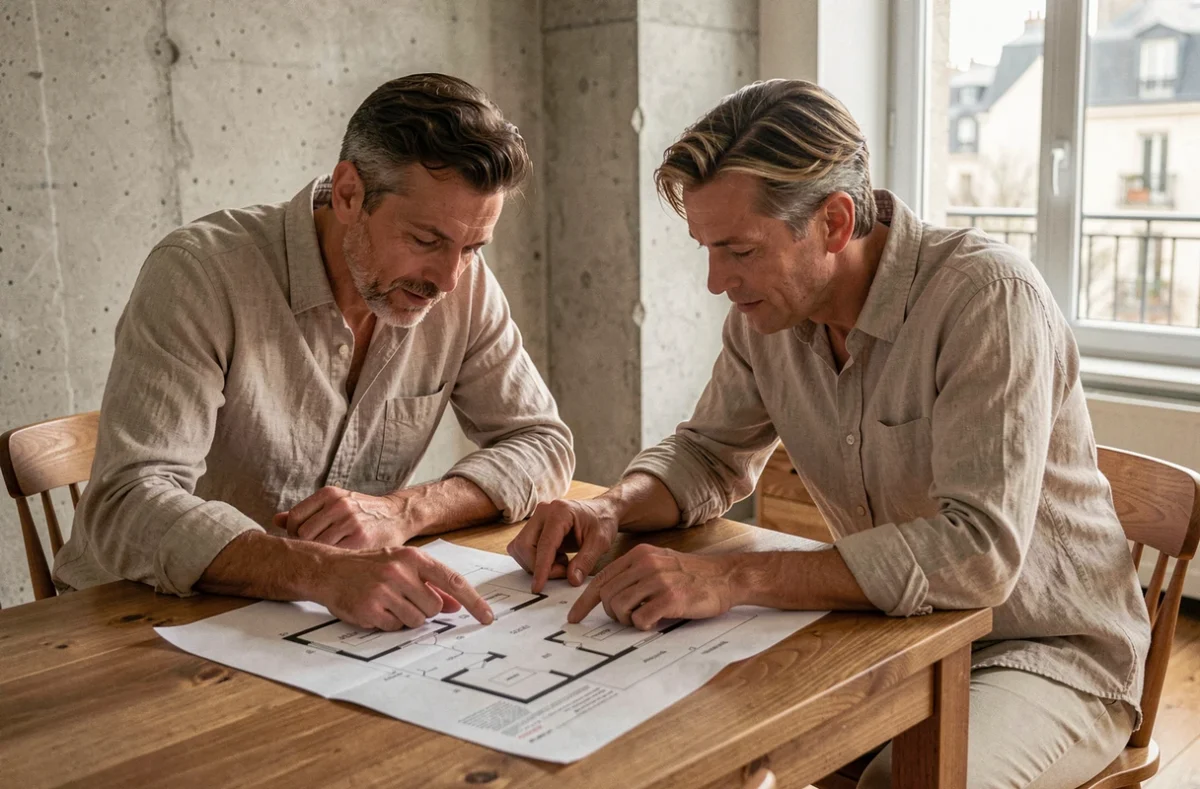 Couple examinant des plans immobiliers et un contrat de vente sur une table en bois dans un appartement moderne parisien