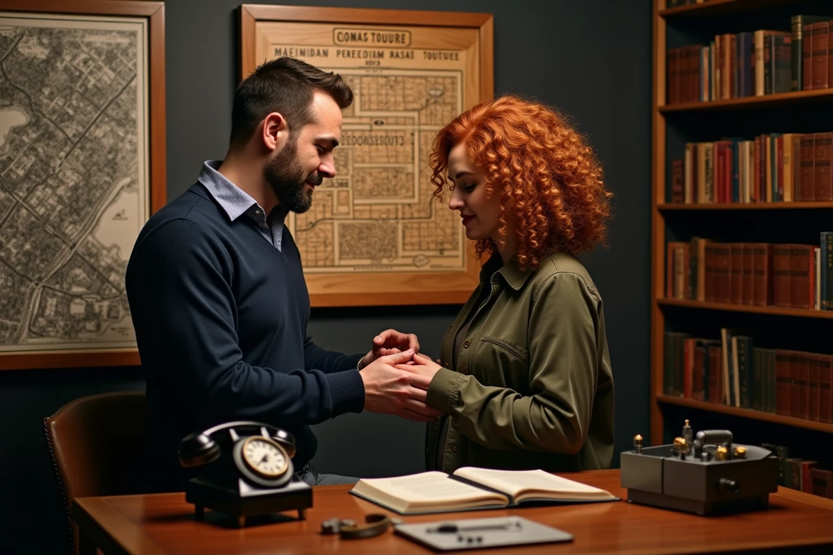 Couple résolvant un puzzle de chiffrement dans un escape game sur le thème d'un bureau de détective à Toulouse