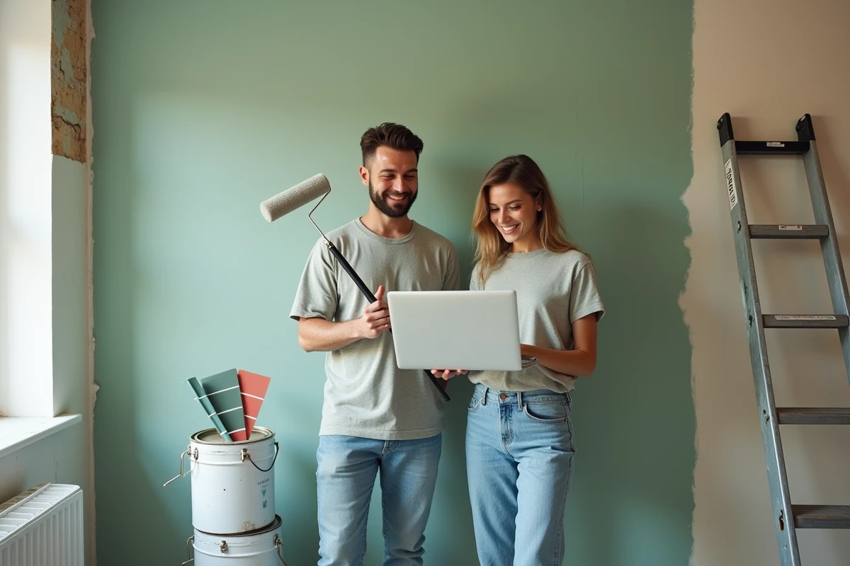 Un couple consulte un site de bricolage en ligne pendant la rénovation et la peinture d'une pièce intérieure
