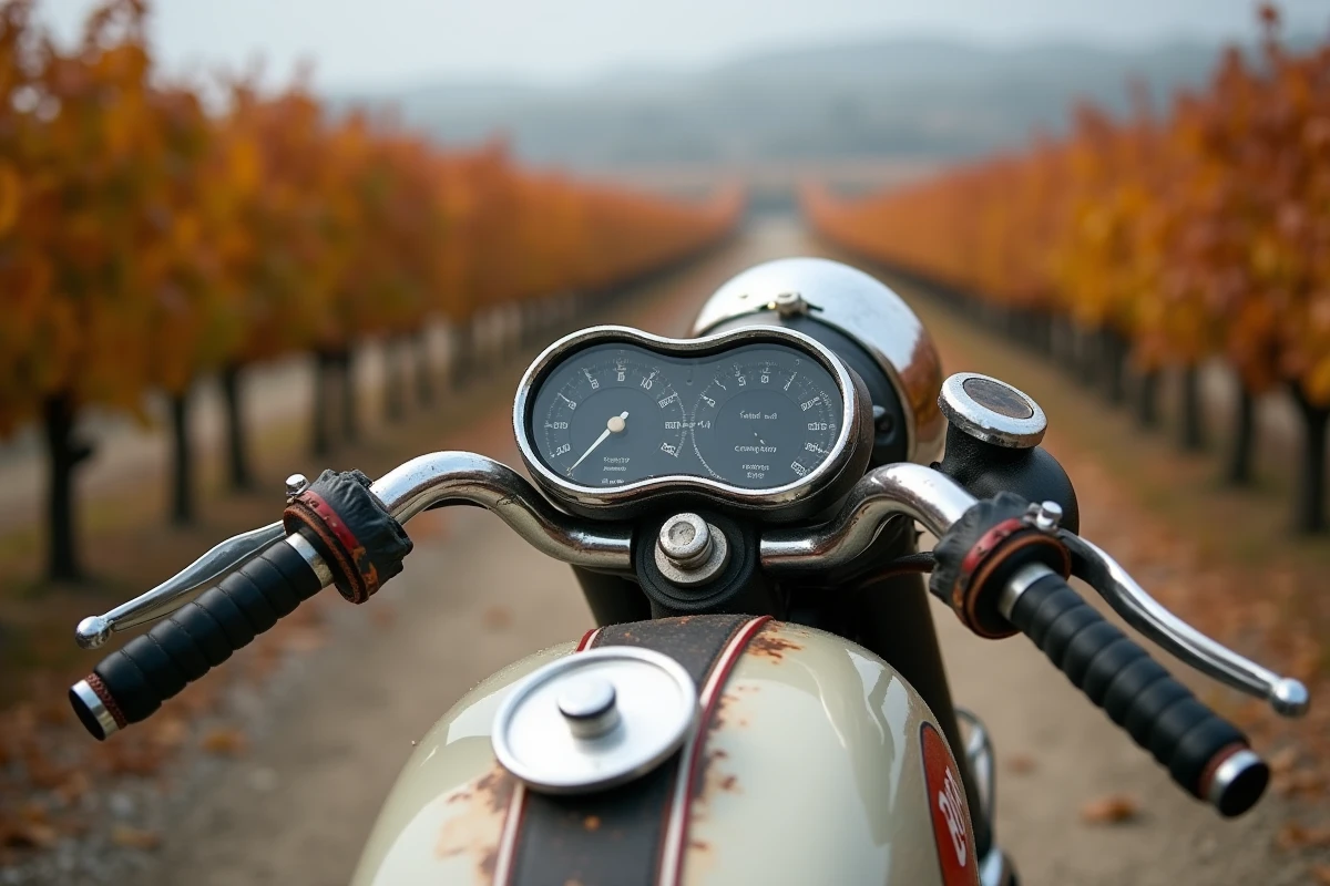 Détail du tableau de bord et guidon d'une moto vintage Terrot des années 1950 restaurée dans les vignes en automne