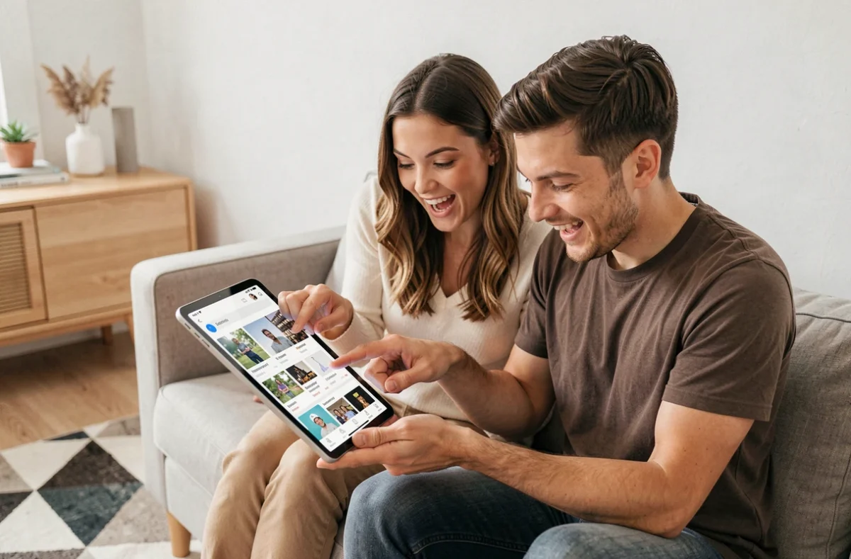 Deux jeunes adultes explorant ensemble les contenus d'une plateforme numérique sur une tablette