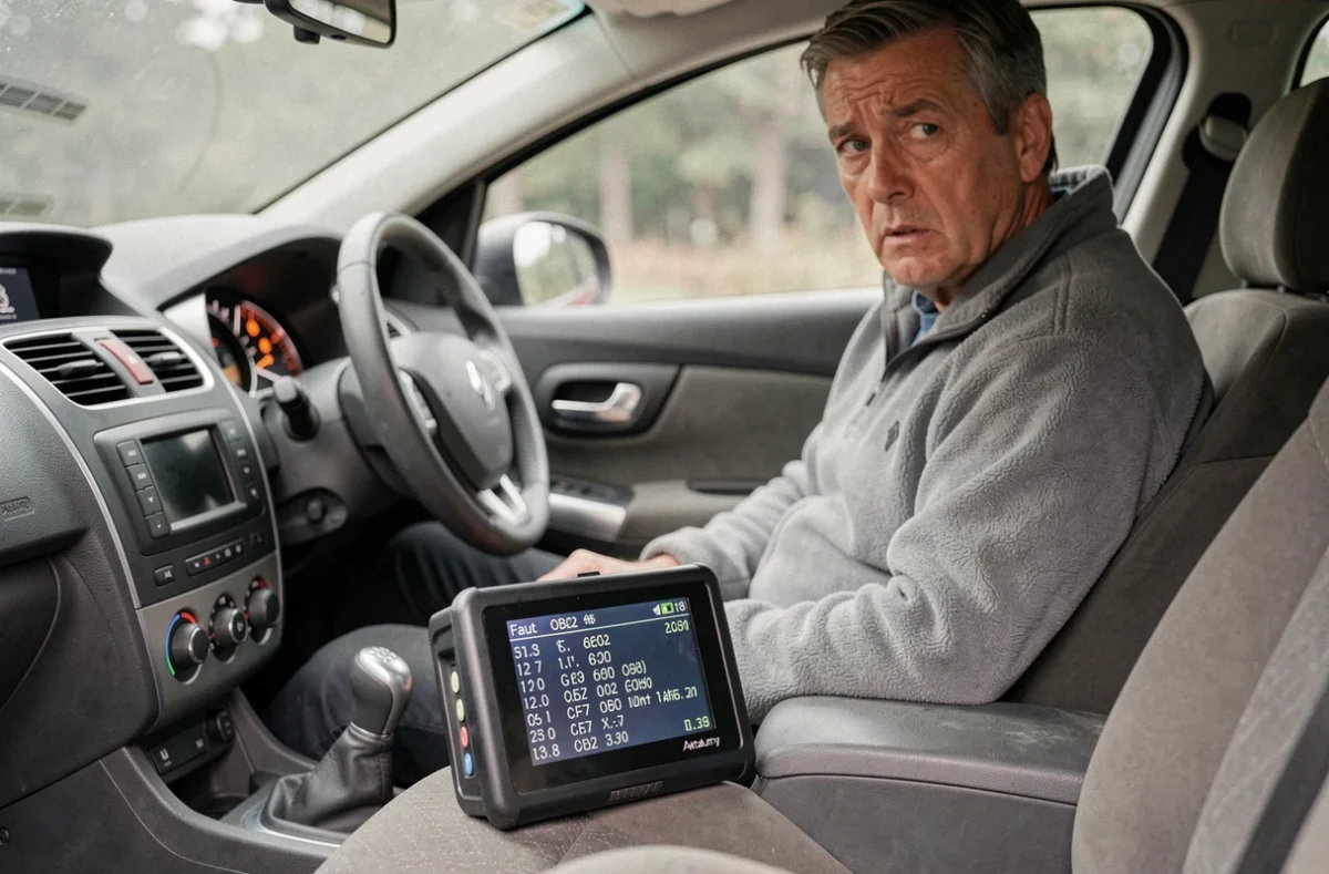 Écran de diagnostic OBD affichant un code erreur dans une Renault après vidange ou changement de batterie