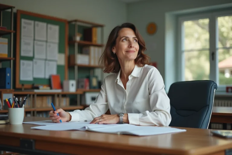 Enseignante souriante dans son bureau scolaire