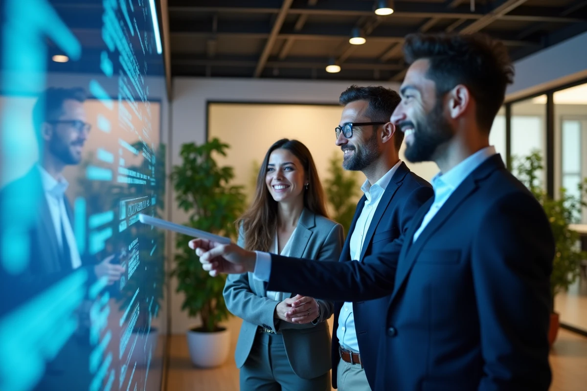 Groupe de professionnels discutant autour d un mur digital
