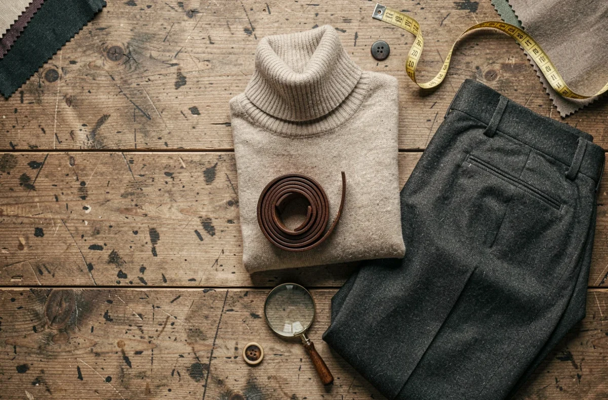 Vue de dessus de vêtements de qualité supérieure soigneusement disposés sur une surface en bois, incluant cachemire, cuir et laine