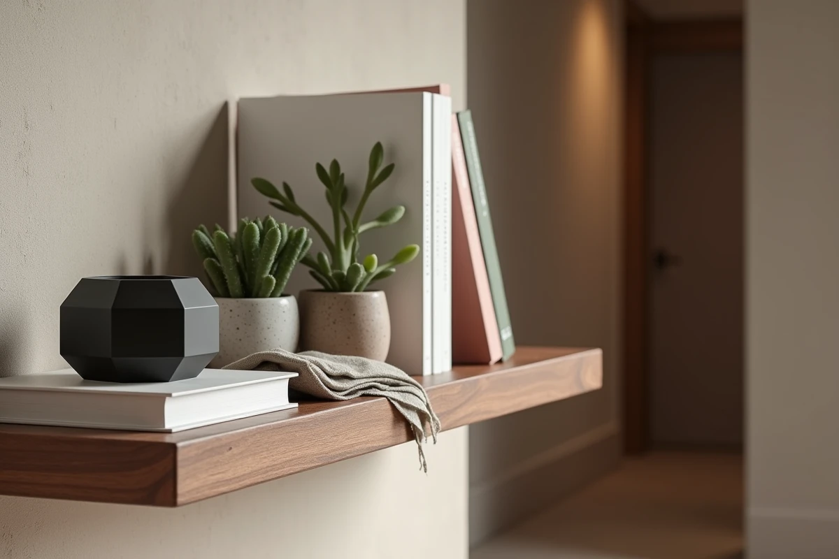Étagère décorée avec bougeoir noir, plante succulente et livres de design pour une inspiration déco tendance