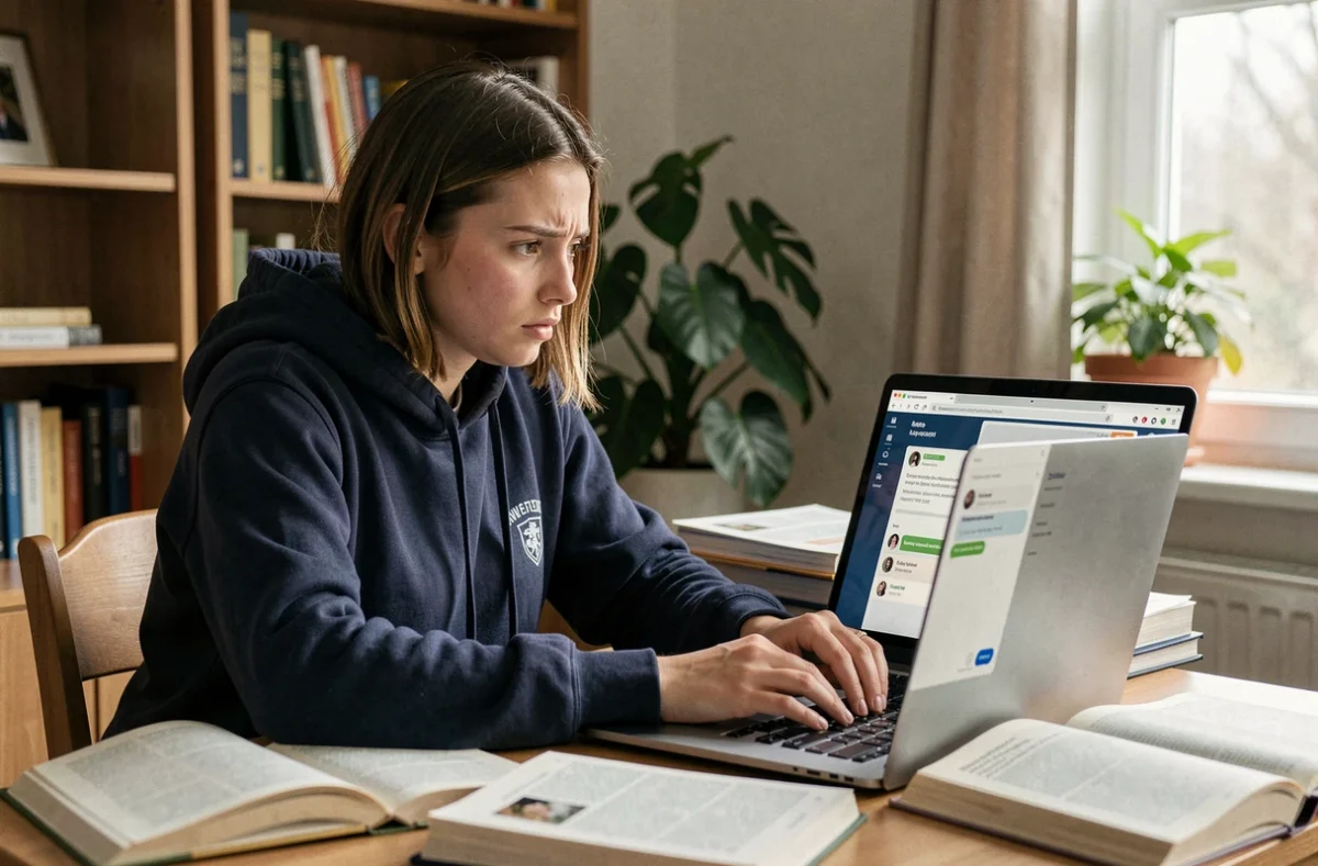 Étudiante contactant le support technique MyCampus Eduservices via un chat en ligne sur son ordinateur portable
