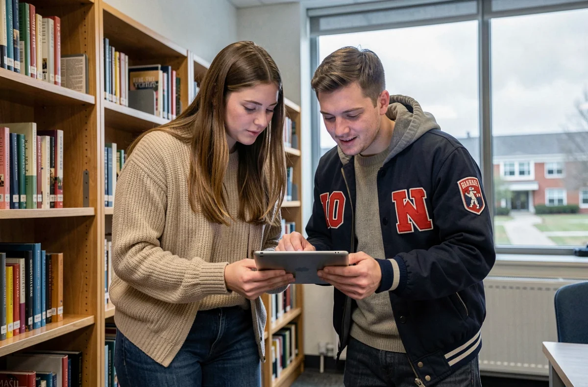 Deux étudiants consultant un guide d'aide technique MyCampus sur une tablette dans une bibliothèque universitaire