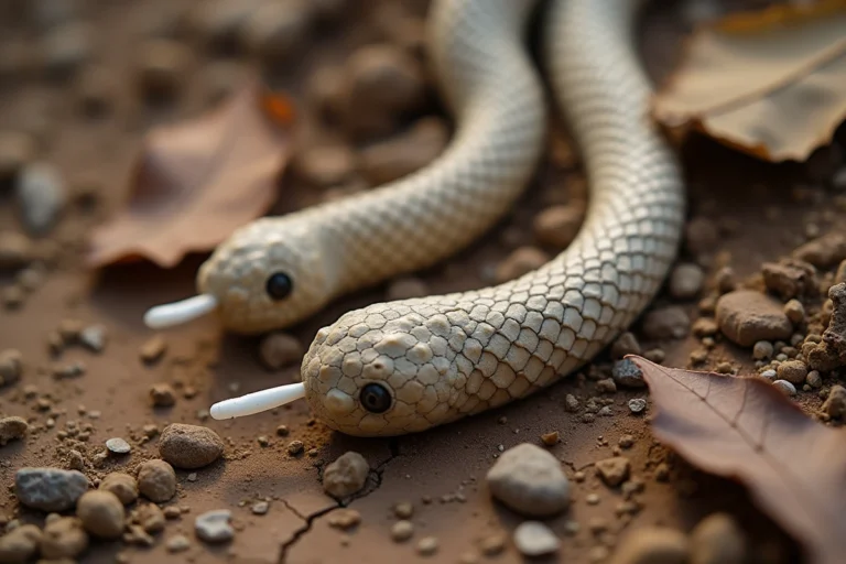 Gros plan macro sur des excréments de serpent sur sol terreux avec feuilles mortes, montrant la forme tubulaire et l'extrémité blanche caractéristique des déjections de reptile
