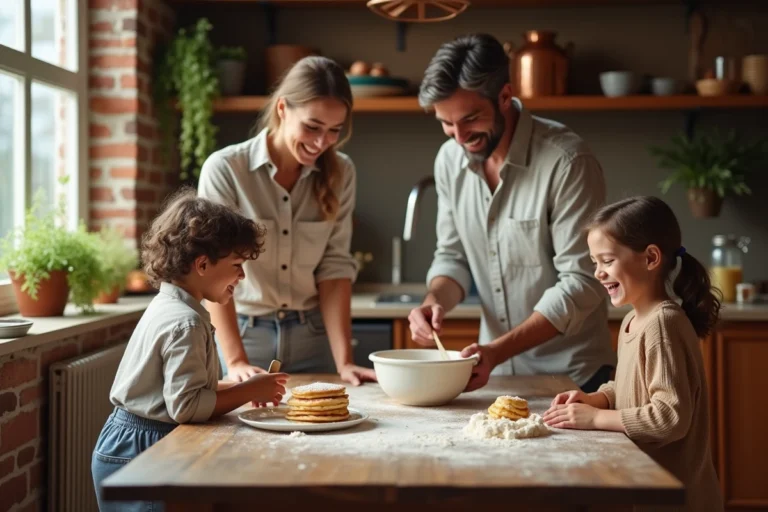 Famille réunie autour de la table pour préparer des crêpes ensemble un matin de week-end dans une cuisine chaleureuse