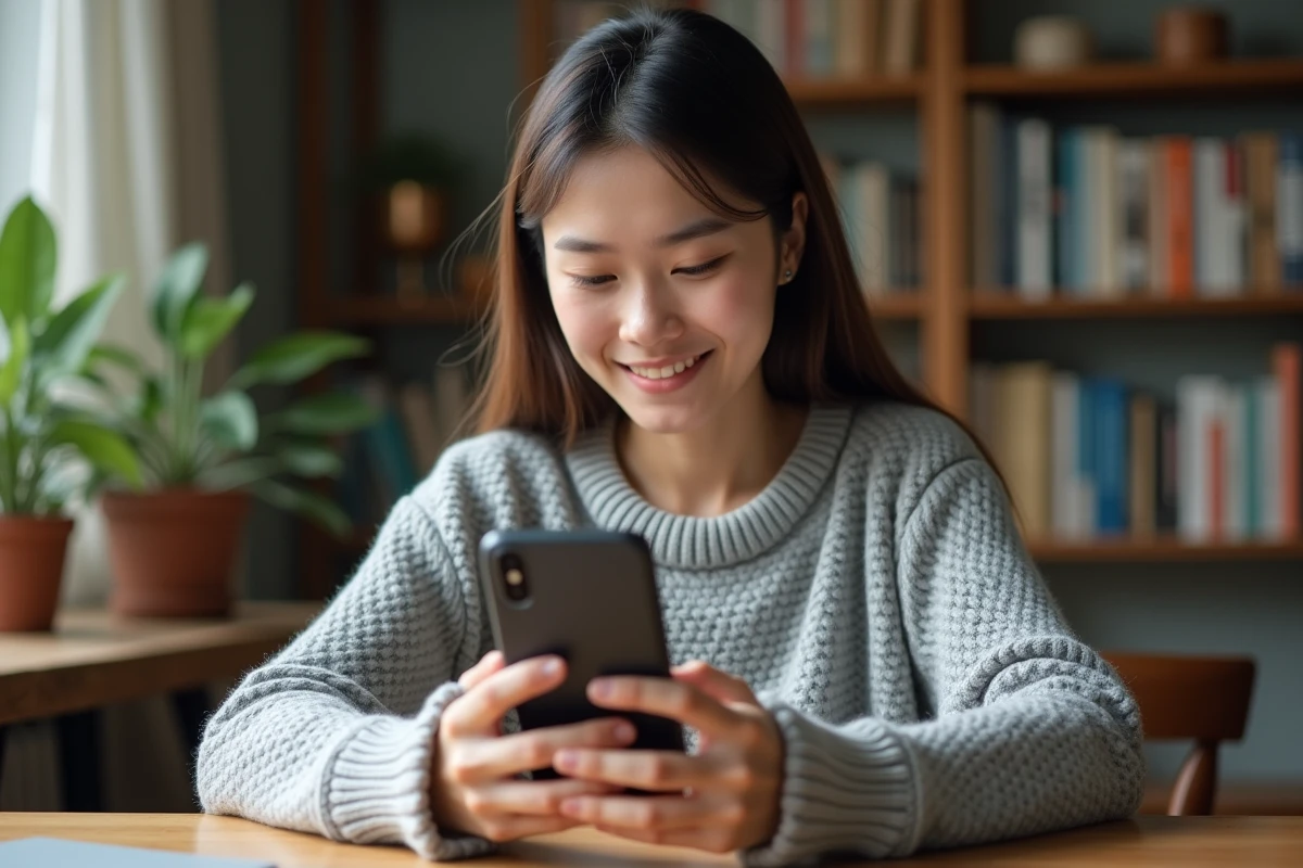 Jeune femme utilisant une application de messagerie sécurisée sur smartphone dans un bureau à domicile