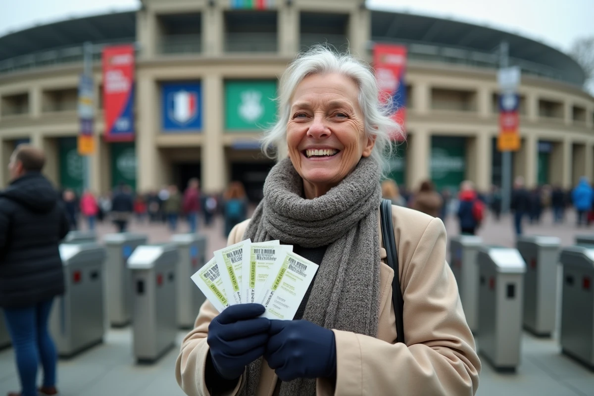 Femme souriante tenant billets football devant stade parisien