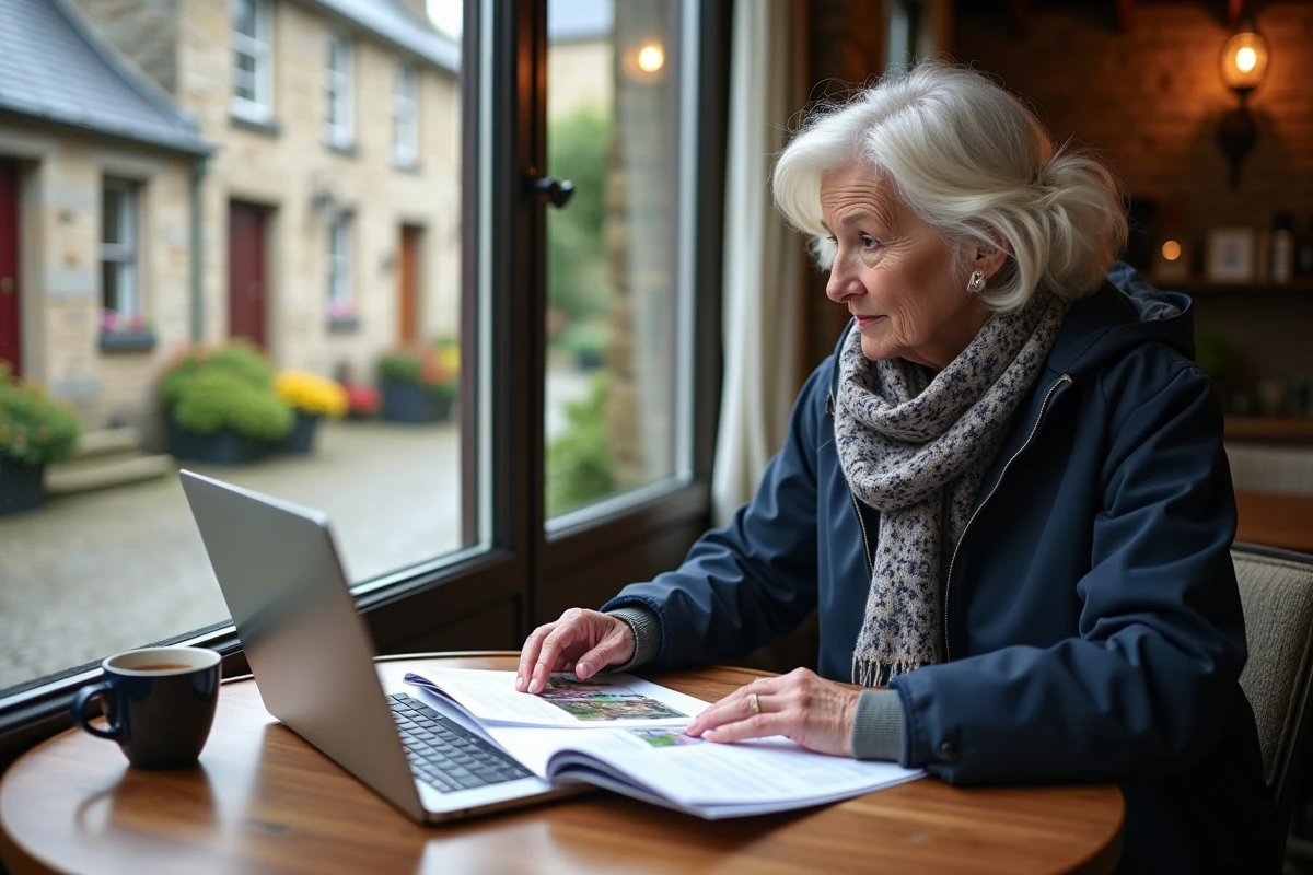 Femme âgée consulte brochures dans un café breton