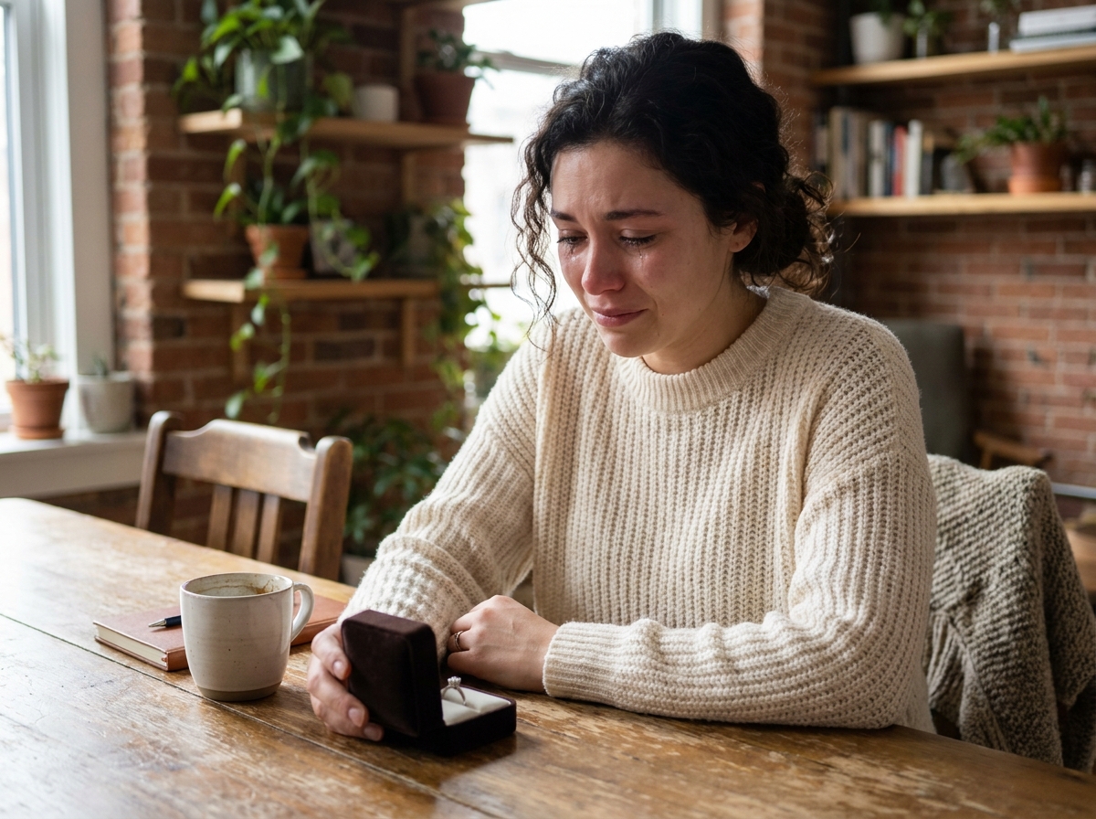 Femme émue contemplant une bague de fiançailles dans son écrin ouvert posé sur une table en bois dans un intérieur chaleureux et intimiste