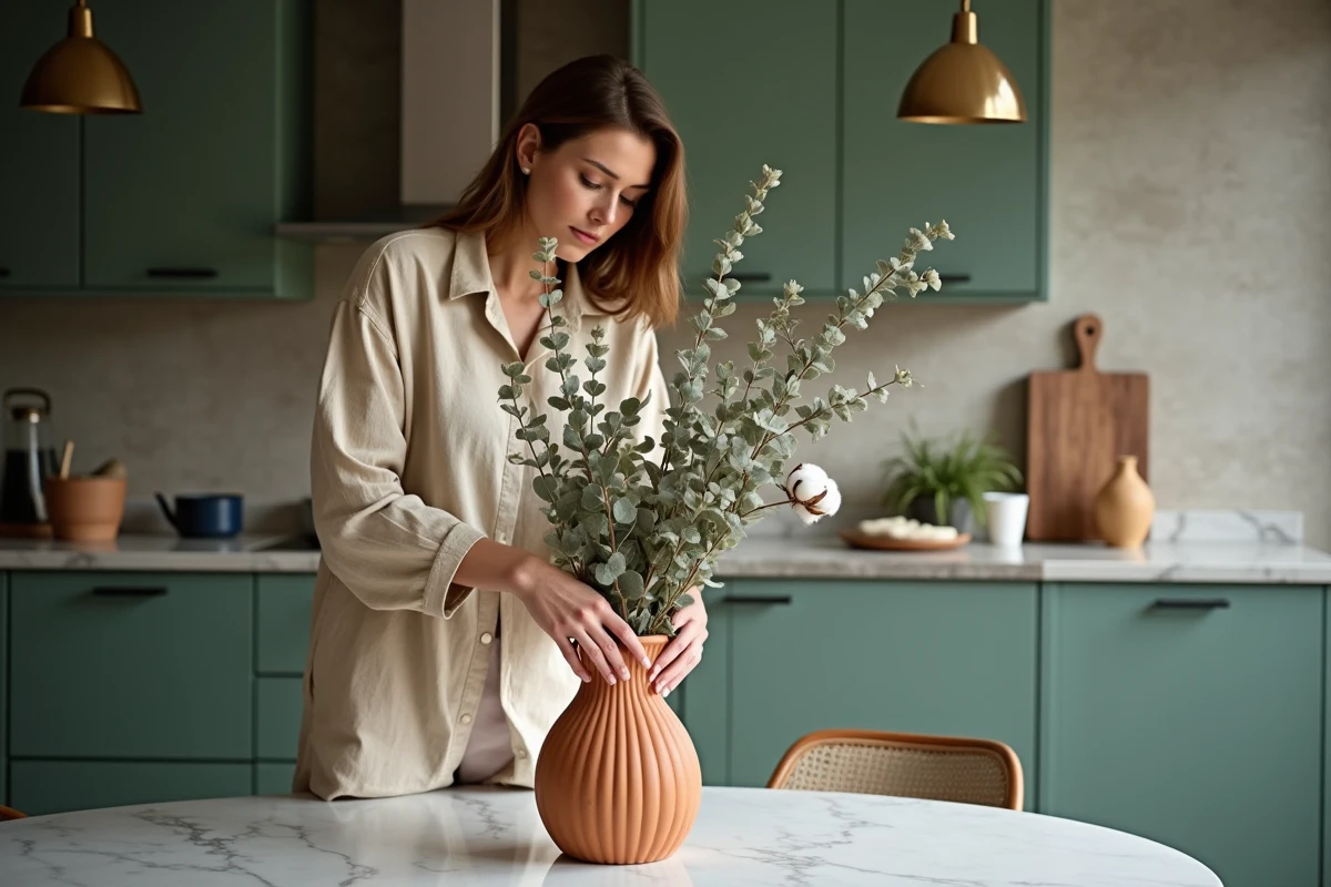 Femme arrangeant un bouquet de fleurs séchées dans un vase en terracotta sur une table en marbre pour décorer son intérieur
