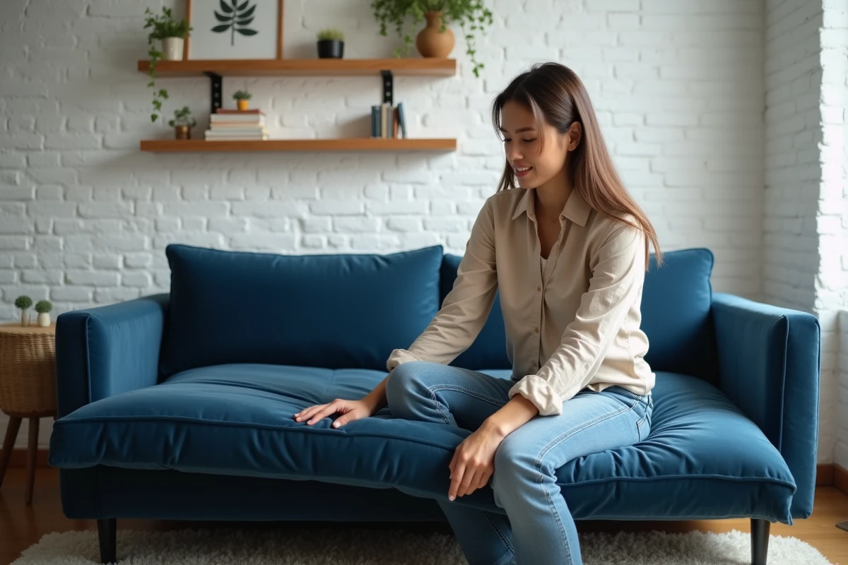 Femme dépliant un canapé clic-clac bleu marine en lit dans un studio cosy aux murs blancs