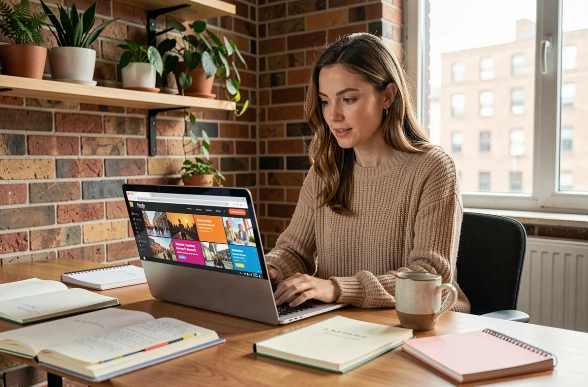 Femme explorant les pages d'une plateforme de contenu en ligne depuis son bureau à domicile