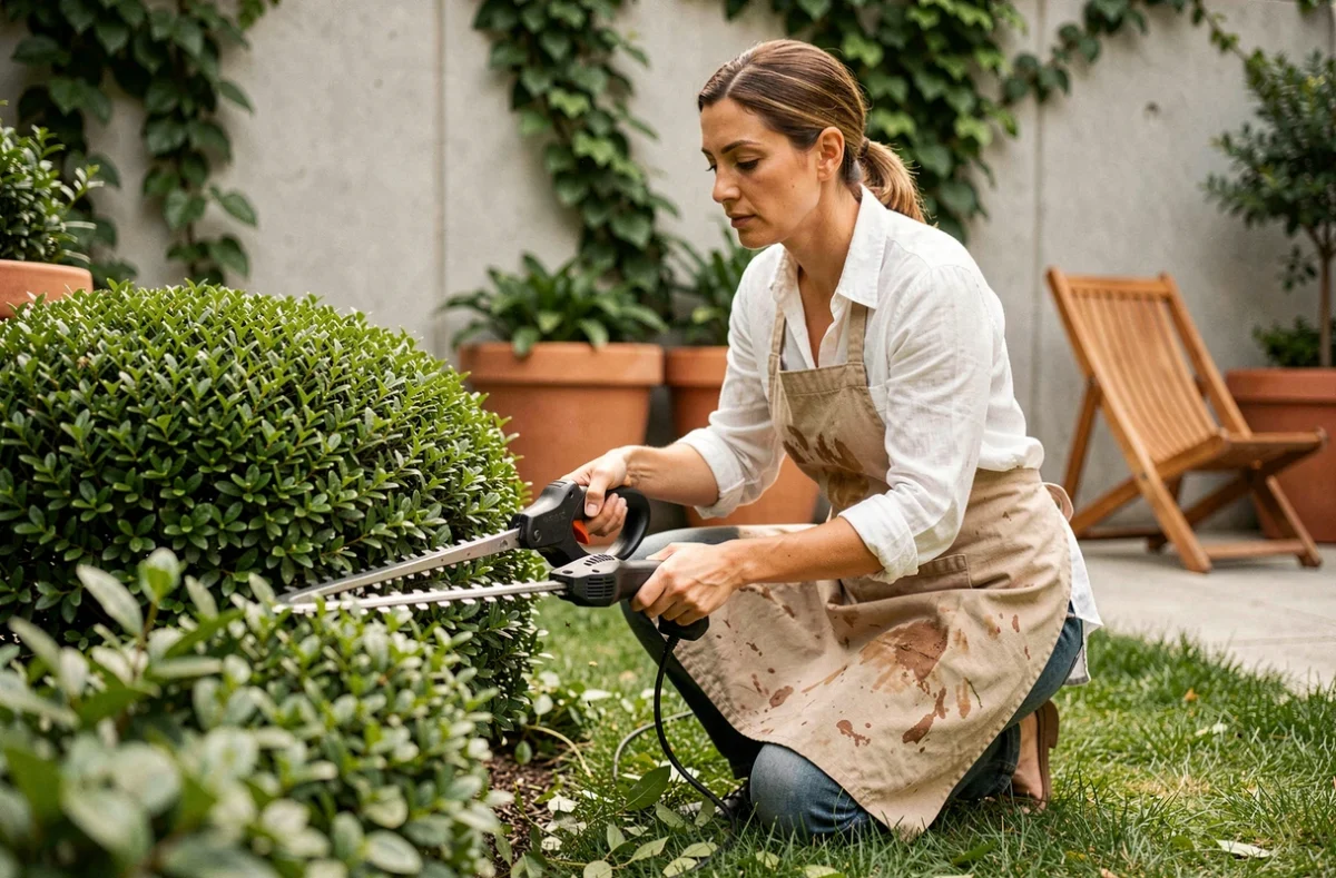 Femme jardinière taillant une haie de troène avec un taille-haie électrique sur une terrasse de jardin urbain contemporain