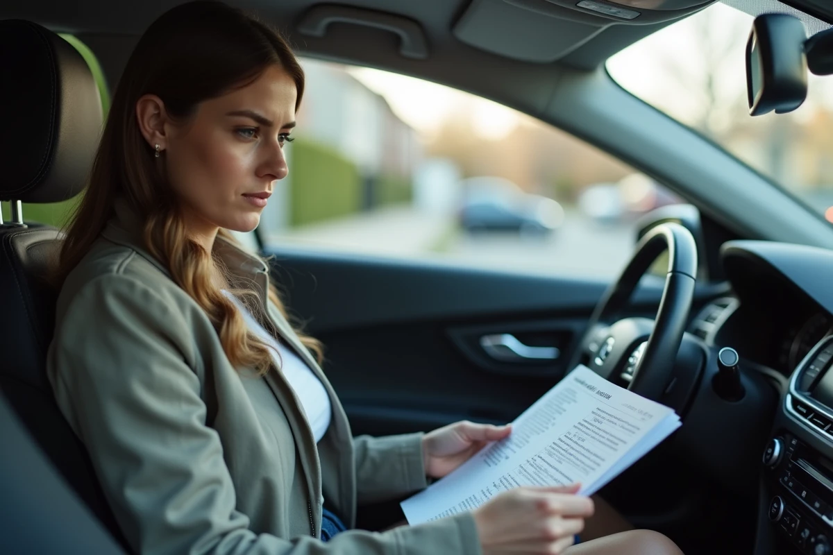 Femme regardant une notice de rappel dans sa voiture
