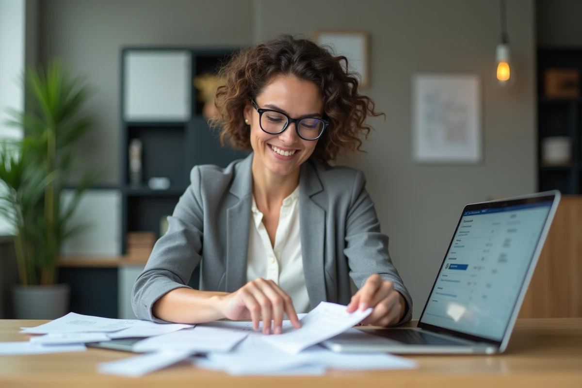 Femme professionnelle organise des justificatifs de dépenses