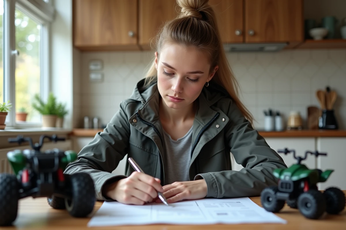 Jeune femme remplissant papiers de vente de quad à la maison