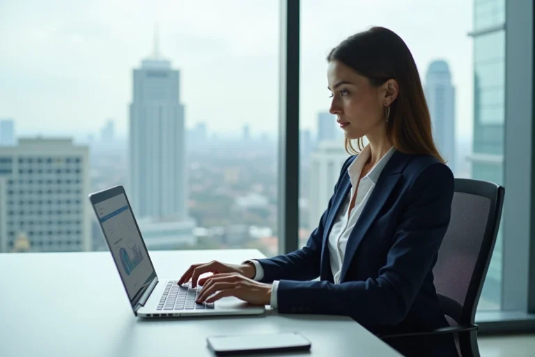 Femme d affaires concentrée devant un tableau de bord