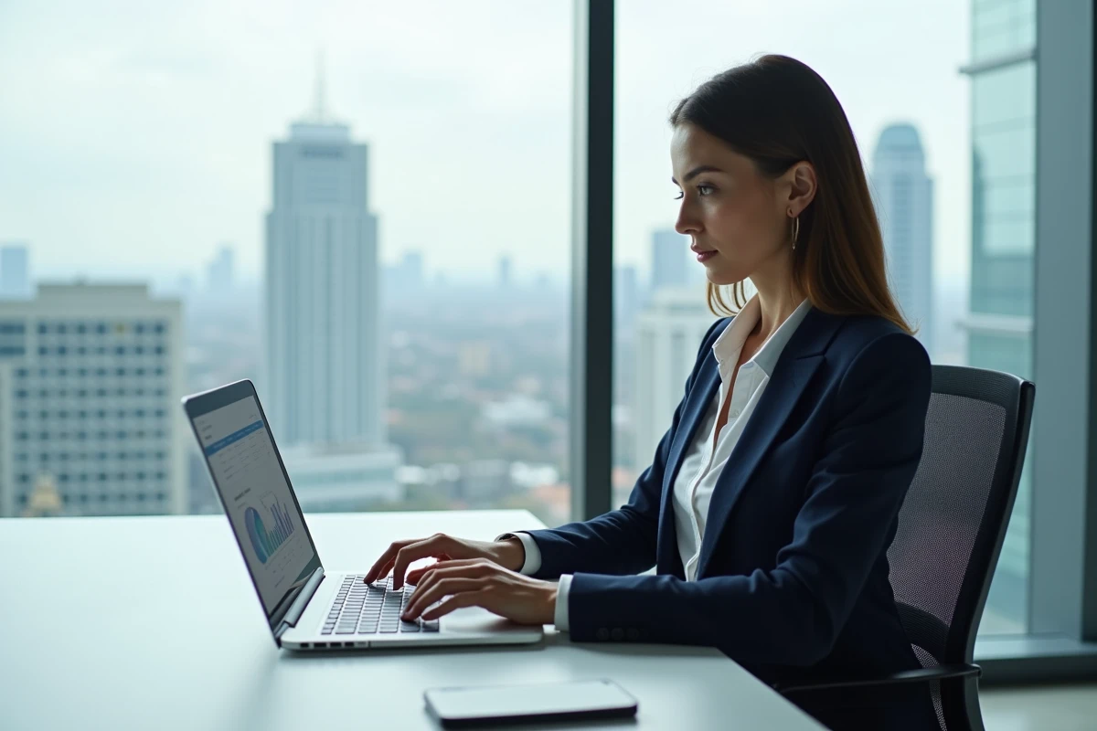 Femme d affaires concentrée devant un tableau de bord