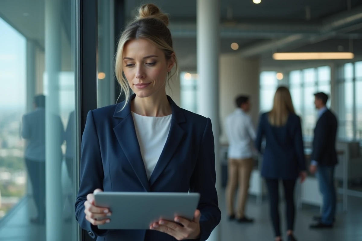 Femme professionnelle consultant une plateforme de messagerie sécurisée sur laptop dans un bureau moderne