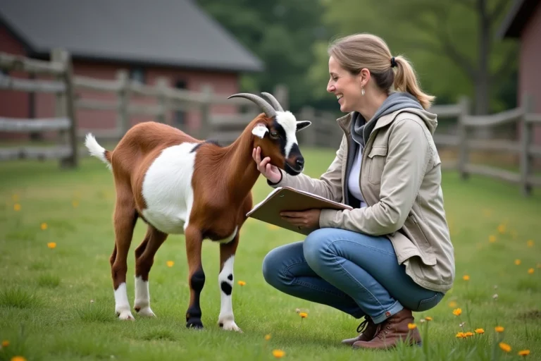Femme en jeans et veste caressant une chèvre sauvée dans un champ